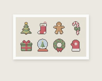 May include: A cross stitch pattern featuring eight holiday icons: a green Christmas tree, a red stocking, a brown gingerbread person, a red and white candy cane, a green gift box with a red bow, a snow globe, a green wreath, and a red mitten.