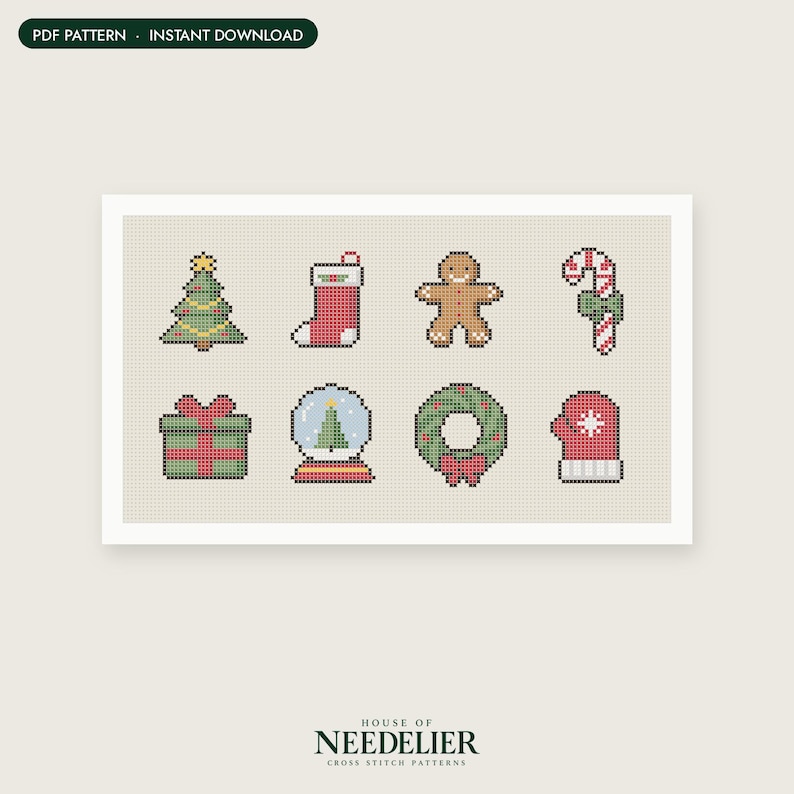 May include: A cross stitch pattern featuring eight holiday icons: a green Christmas tree, a red stocking, a brown gingerbread person, a red and white candy cane, a green gift box with a red bow, a snow globe, a green wreath, and a red mitten.