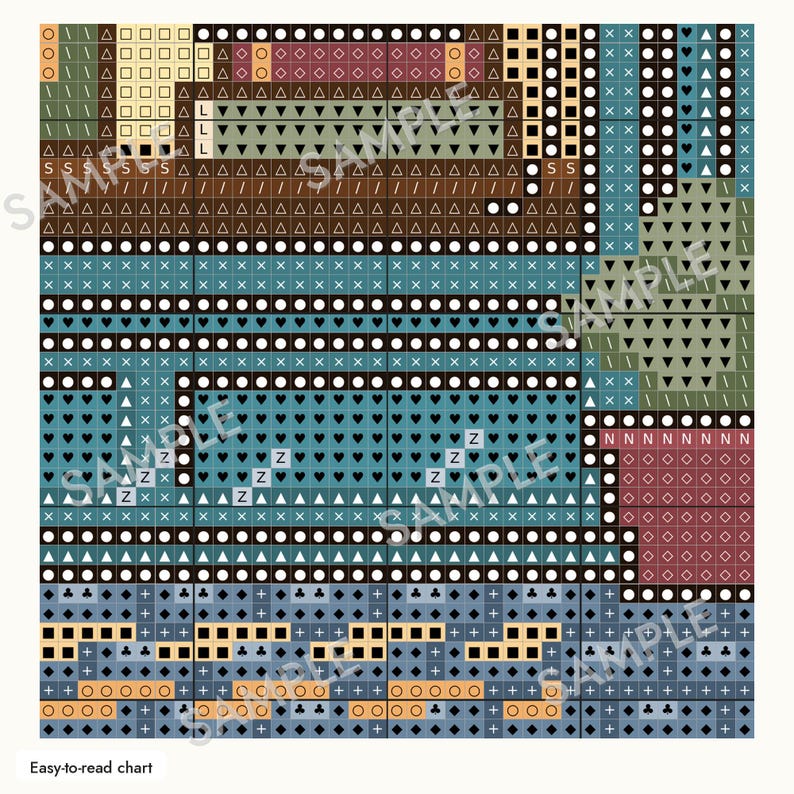 May include: A cross-stitch pattern chart featuring a grid of colored squares marked with various symbols including circles, triangles, hearts, diamonds, and letters. The design incorporates shades of blue, green, brown, and cream with a watermark.