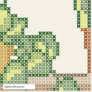 May include: A digital cross stitch pattern preview featuring a grid of X-shaped stitches in shades of forest green, lime yellow, and earthy brown. The design displays an abstract arrangement of colored threads on a light cream background.