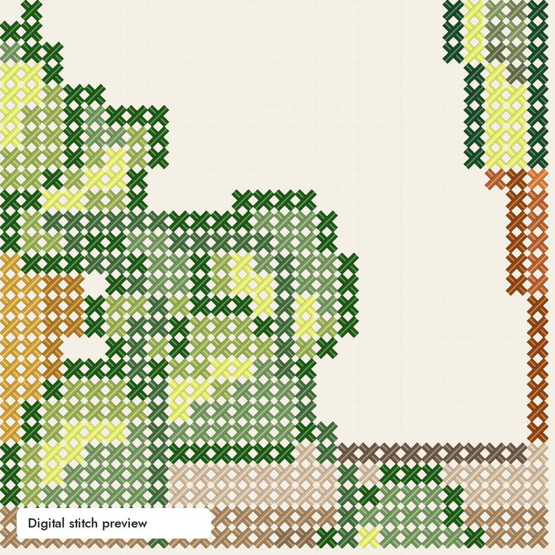 May include: A digital cross stitch pattern preview featuring a grid of X-shaped stitches in shades of forest green, lime yellow, and earthy brown. The design displays an abstract arrangement of colored threads on a light cream background.