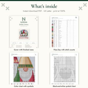 May include: A digital cross-stitch pattern titled Holiday Gnomes, featuring a cover page with finished sizes, a floss key with stitch counts, a color chart with symbols, and a black-and-white symbol chart for the gnome design.
