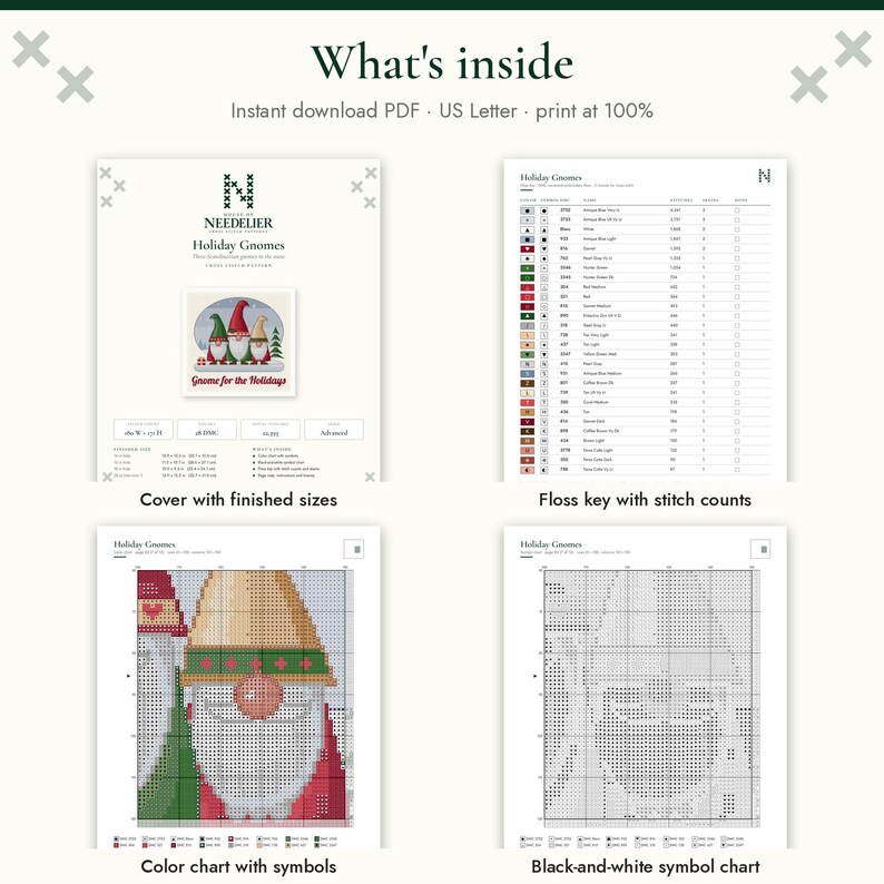 May include: A digital cross-stitch pattern titled Holiday Gnomes, featuring a cover page with finished sizes, a floss key with stitch counts, a color chart with symbols, and a black-and-white symbol chart for the gnome design.