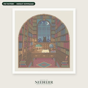 May include: A cross stitch pattern featuring a library interior with arched bookshelves, a desk, a lamp, a globe, and a cat silhouette in a window. The text reads PDF PATTERN - INSTANT DOWNLOAD and HOUSE OF NEEDELIER CROSS STITCH PATTERNS.