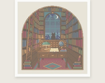 May include: A cross stitch pattern featuring a library interior with arched bookshelves, a desk, a lamp, a globe, and a cat silhouette in a window. The text reads PDF PATTERN - INSTANT DOWNLOAD and HOUSE OF NEEDELIER CROSS STITCH PATTERNS.