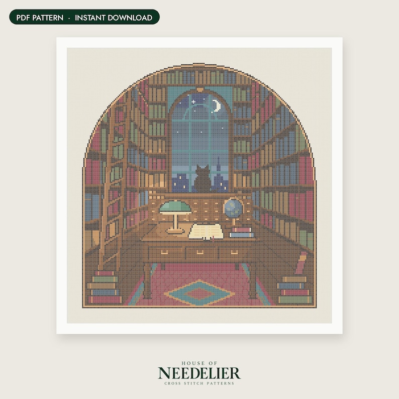 May include: A cross stitch pattern featuring a library interior with arched bookshelves, a desk, a lamp, a globe, and a cat silhouette in a window. The text reads PDF PATTERN - INSTANT DOWNLOAD and HOUSE OF NEEDELIER CROSS STITCH PATTERNS.