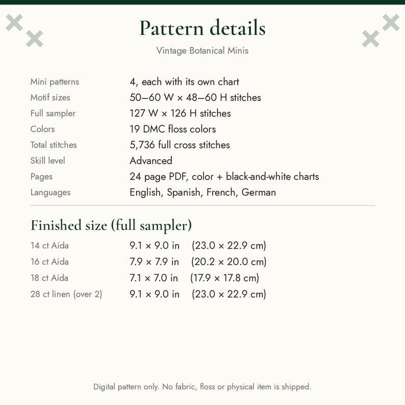 May include: A digital pattern information sheet titled Pattern details Vintage Botanical Minis. It lists 4 mini patterns, 19 DMC floss colors, 5,736 full cross stitches, and finished sizes for 14, 16, 18 ct Aida and 28 ct linen in inches.