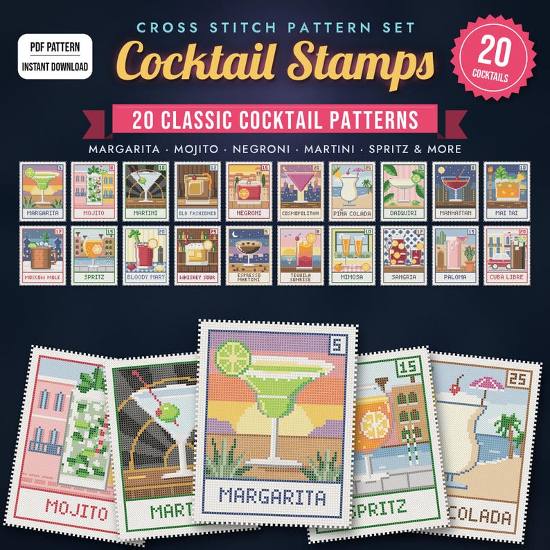 May include: A digital cross stitch pattern set titled Cocktail Stamps featuring 20 classic cocktail designs. The collection includes individual postage stamp-style illustrations of drinks like Margarita, Mojito, and Martini with text labels.