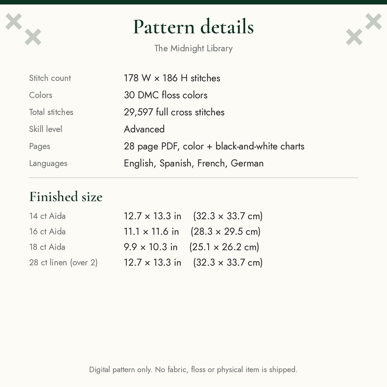 May include: A digital cross stitch pattern titled The Midnight Library with a stitch count of 178 W x 186 H, 30 DMC floss colors, 29,597 full cross stitches, and an advanced skill level. Includes a 28-page PDF with color and black-and-white charts.