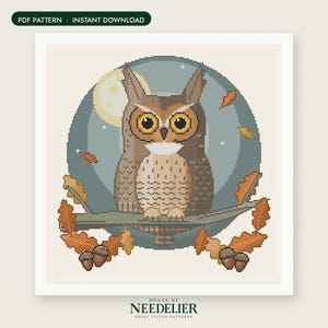 May include: A cross stitch pattern featuring a brown owl with large yellow eyes perched on a branch against a circular blue background with a moon and falling orange oak leaves. The text reads PDF PATTERN INSTANT DOWNLOAD and HOUSE OF NEEDELIER.