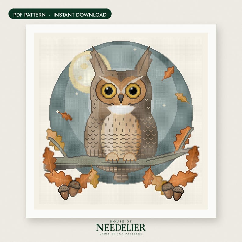 May include: A cross stitch pattern featuring a brown owl with large yellow eyes perched on a branch against a circular blue background with a moon and falling orange oak leaves. The text reads PDF PATTERN INSTANT DOWNLOAD and HOUSE OF NEEDELIER.