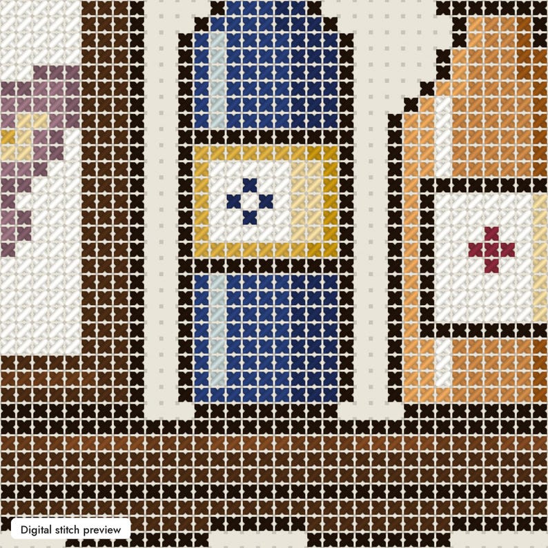 May include: A cross-stitch pattern featuring a central blue bottle with a yellow label and a dark blue cross, flanked by a brown bottle with a white label and a maroon cross, all set against a cream grid background with brown borders.