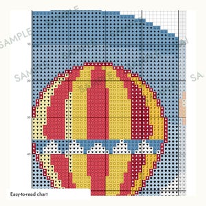 May include: A cross stitch pattern chart featuring a hot air balloon design. The balloon is composed of vertical yellow and red stripes with a blue horizontal band. The background is light blue, and the grid contains various symbols.