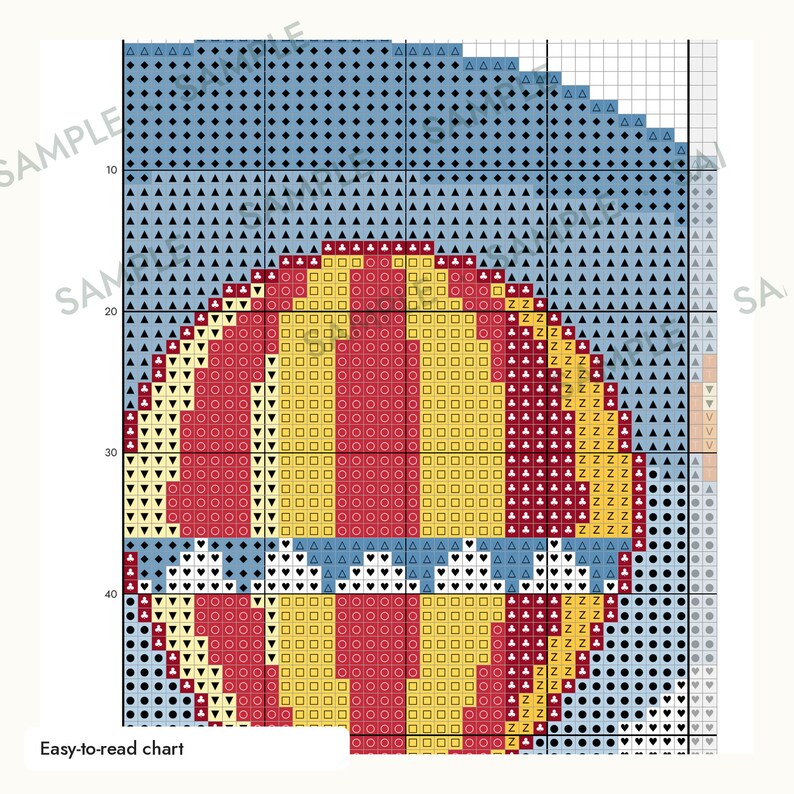 May include: A cross stitch pattern chart featuring a hot air balloon design. The balloon is composed of vertical yellow and red stripes with a blue horizontal band. The background is light blue, and the grid contains various symbols.