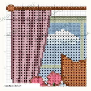 May include: A cross stitch pattern chart featuring a window view with pink curtains, a blue sky with a white cloud, and a brown cat sitting on a ledge. The grid includes various symbols and the text Easy-to-read chart in the bottom corner.