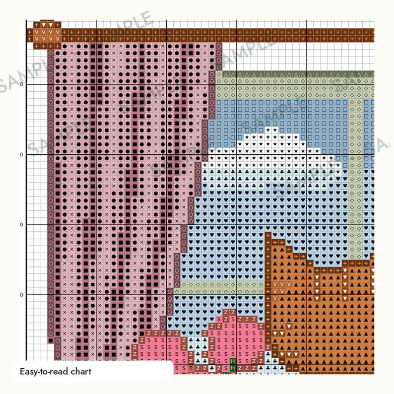 May include: A cross stitch pattern chart featuring a window view with pink curtains, a blue sky with a white cloud, and a brown cat sitting on a ledge. The grid includes various symbols and the text Easy-to-read chart in the bottom corner.