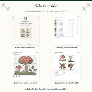 May include: A digital cross stitch pattern set titled Vintage Botanical Minis, featuring a cover page, a floss color key with stitch counts, individual motif charts, and a full sampler layout. The document includes text in English, Spanish, French, and German.