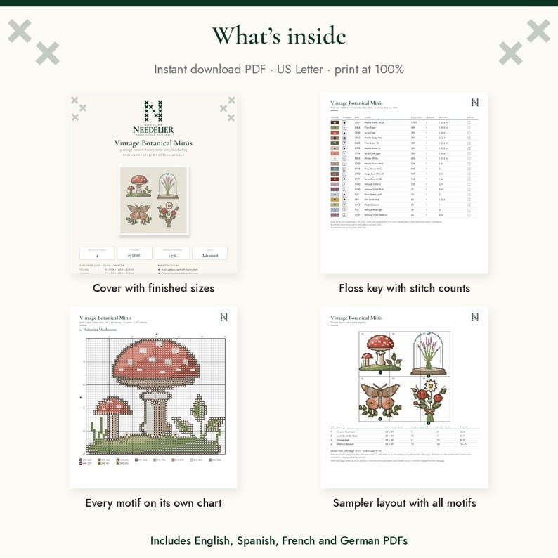 May include: A digital cross stitch pattern set titled Vintage Botanical Minis, featuring a cover page, a floss color key with stitch counts, individual motif charts, and a full sampler layout. The document includes text in English, Spanish, French, and German.