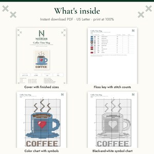 May include: A digital cross-stitch pattern document titled Coffee Time Mug. It includes a cover page with finished sizes, a floss key with stitch counts, a color chart with symbols, and a black-and-white symbol chart for a blue coffee mug design.