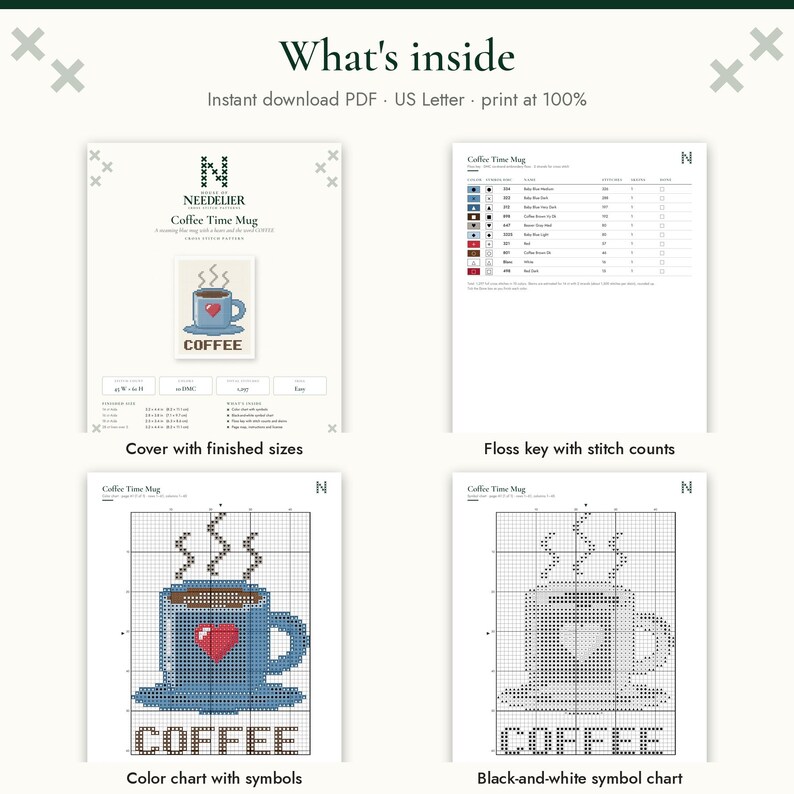 May include: A digital cross-stitch pattern document titled Coffee Time Mug. It includes a cover page with finished sizes, a floss key with stitch counts, a color chart with symbols, and a black-and-white symbol chart for a blue coffee mug design.