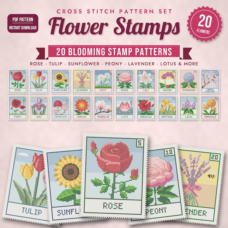 Puede incluir: Un conjunto de patrones de punto de cruz titulado Flower Stamps que presenta 20 dise&ntilde;os de sellos florales. La colecci&oacute;n incluye dise&ntilde;os individuales de flores como rosas, tulipanes, girasoles y peon&iacute;as, presentados como gr&aacute;ficos de sellos.