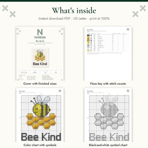 Pu&ograve; includere: Uno schema digitale a punto croce intitolato Bee Kind, raffigurante un'ape su un favo. Il documento include una copertina con le dimensioni finali, una legenda dei filati con il conteggio dei punti, una tabella colori e uno schema.