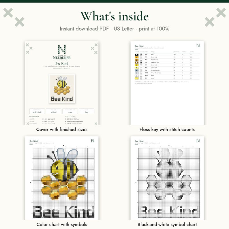 Pu&ograve; includere: Uno schema digitale a punto croce intitolato Bee Kind, raffigurante un'ape su un favo. Il documento include una copertina con le dimensioni finali, una legenda dei filati con il conteggio dei punti, una tabella colori e uno schema.
