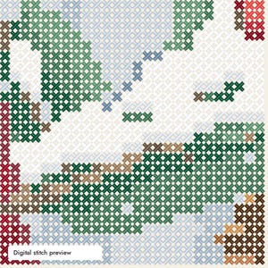 May include: A digital cross stitch pattern preview featuring a grid of X-shaped stitches in shades of forest green, light blue, brown, and deep red against a white background. The design includes abstract shapes and the text Digital stitch preview.