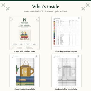 May include: A digital cross-stitch pattern titled Coffee and Books, featuring an instant download PDF for US Letter paper. The document includes a cover page with finished sizes, a floss key with stitch counts, a color chart, and a symbol chart.
