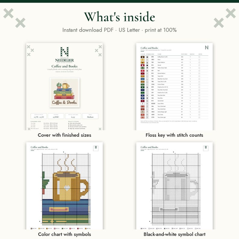May include: A digital cross-stitch pattern titled Coffee and Books, featuring an instant download PDF for US Letter paper. The document includes a cover page with finished sizes, a floss key with stitch counts, a color chart, and a symbol chart.