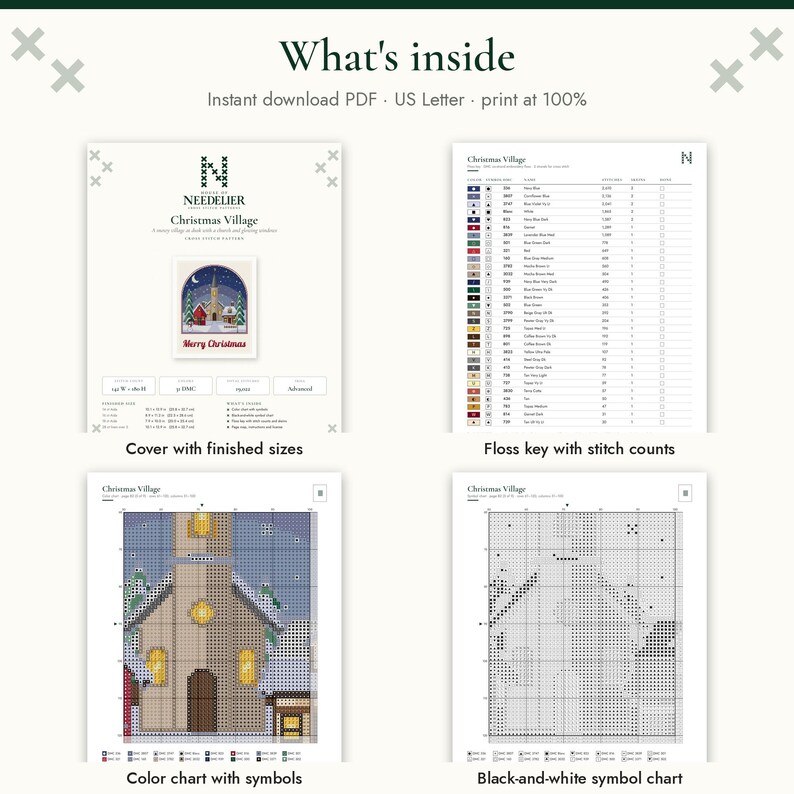 Op de afbeelding: Een digitaal kruissteekpatroon getiteld Christmas Village, met een voorpagina met afgewerkte maten, een garenoverzicht met steekaantallen, een kleurenkaart met symbolen en een zwart-wit symboolkaart voor het borduurwerk.