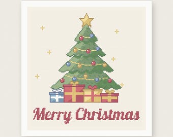 May include: A cross stitch pattern featuring a green Christmas tree with a yellow star, colorful ornaments, and string lights. Beneath the tree are four wrapped gift boxes in blue, red, and yellow. The text Merry Christmas is in red below.