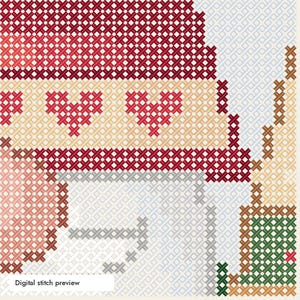 May include: A cross-stitch pattern featuring a red roof, a beige wall with two red heart motifs, and a white lower section. To the right, a brown and green structure is visible. The image includes the text Digital stitch preview at the bottom.