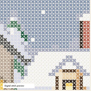 Op de afbeelding: Een kruissteekpatroon met een wintertafereel met een lichtblauwe lucht, witte sneeuwvlokken, een bruin huis met een geel raam en een rode schoorsteen. Het ontwerp bevat een groene boom en een bruin dak, alles in een rasterstijl uitgevoerd.
