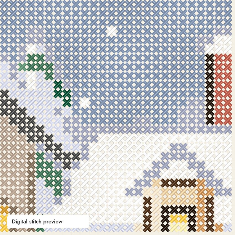Op de afbeelding: Een kruissteekpatroon met een wintertafereel met een lichtblauwe lucht, witte sneeuwvlokken, een bruin huis met een geel raam en een rode schoorsteen. Het ontwerp bevat een groene boom en een bruin dak, alles in een rasterstijl uitgevoerd.