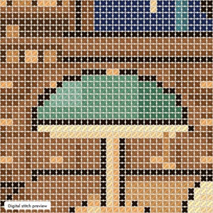 May include: A cross-stitch pattern featuring a central green umbrella shape with a light yellow pole, set against a brown grid background with dark blue and tan accents. The design is composed of individual X-shaped stitches in a pixelated style.