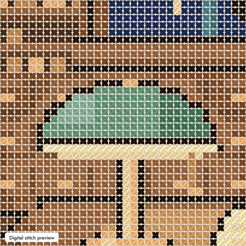 May include: A cross-stitch pattern featuring a central green umbrella shape with a light yellow pole, set against a brown grid background with dark blue and tan accents. The design is composed of individual X-shaped stitches in a pixelated style.