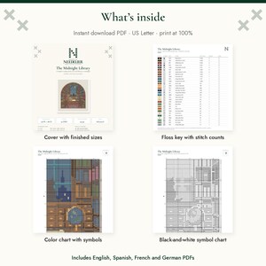 May include: A digital cross-stitch pattern titled The Midnight Library, featuring a cover page with finished sizes, a floss key with stitch counts, a color chart with symbols, and a black-and-white symbol chart. The document is an instant download PDF.