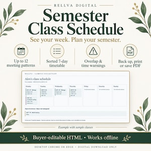 Può includere: Un modello digitale di orario delle lezioni semestrale di Rellva Digital. Il layout presenta un programma settimanale con colonne dal lunedì alla domenica, inclusi esempi di corsi di biologia, calcolo e scrittura accademica.