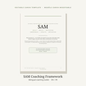 Peut inclure: Un modèle Canva modifiable pour une trousse de coaching bilingue intitulée SAM, présentant l'acronyme pour Compétences, Capacité et Motivation. Le document inclut des textes explicatifs en anglais et en français pour les coachs et leaders.