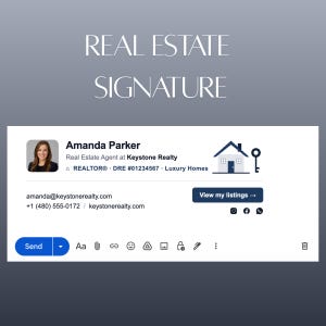 Può includere: Un modello di firma e-mail digitale per un'agente immobiliare di nome Amanda Parker presso Keystone Realty. Include una foto del profilo, dettagli di contatto, un'icona di casa e chiave, un pulsante View my listings e icone social media.
