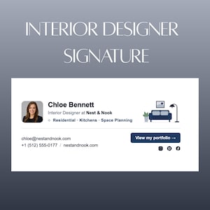 Könnte beinhalten: Eine professionelle E-Mail-Signaturkarte für die Innenarchitektin Chloe Bennett bei Nest & Nook. Sie enthält ein Porträtfoto, Kontaktdaten, einen Website-Link, einen Portfolio-Button, Social-Media-Symbole und eine Grafik mit Sofa und Lampe.