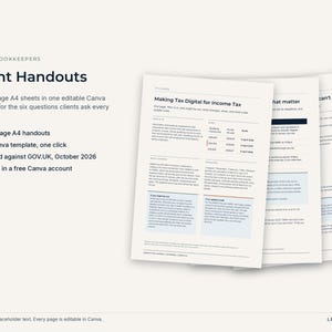 May include: A set of six A4 client handout templates for UK bookkeepers, featuring editable text in a Canva format. The documents include information on Making Tax Digital for Income Tax, with clear headings, tables, and bulleted lists on a light background.
