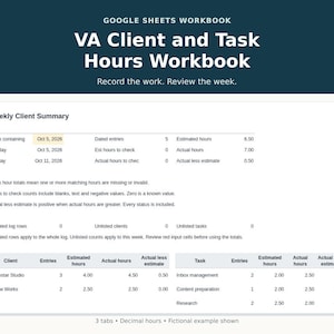 May include: A Google Sheets workbook titled VA Client and Task Hours Workbook with the subtitle Record the work. Review the week. The interface displays a Weekly Client Summary table with columns for client names, task entries, estimated hours, actual hours, and actual less estimate values.