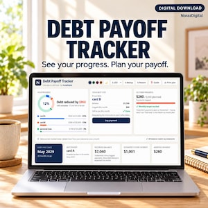 May include: A laptop screen displaying a digital debt payoff tracker interface with charts, progress bars, and financial data including debt reduced by $960, a debt-free date of May 2029, and a recorded balance of $7,040, titled Debt Payoff Tracker.