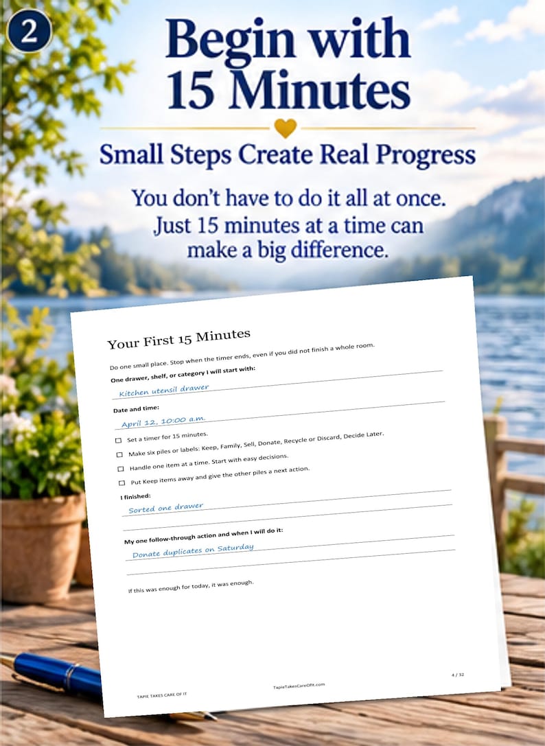 May include: A white worksheet titled Your First 15 Minutes with printed instructions and blank lines filled with blue handwritten text. The page includes checkboxes for tasks and a section for follow-through actions, set against a blurred outdoor background.