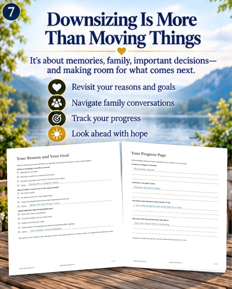 May include: A printed guide titled Downsizing Is More Than Moving Things, featuring sections for Your Reason and Your Goal and Your Progress Page. The document includes checkboxes, lines for handwritten notes, and bulleted lists about life transitions.