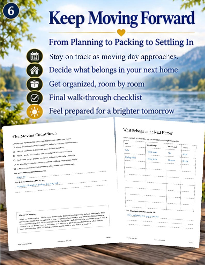 May include: A two-page printable moving planner titled Keep Moving Forward, featuring a Moving Countdown checklist and a What Belongs in the Next Home table. The document includes sections for deadlines, task tracking, and personal notes with blue handwritten text.