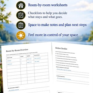 May include: A document titled Sort with Confidence featuring room-by-room worksheets, checklists, and note-taking space. It includes a Room-by-Room Overview table and a Kitchen Checklist with checkboxes, lines for writing, and a section for Marlene's Thoughts.