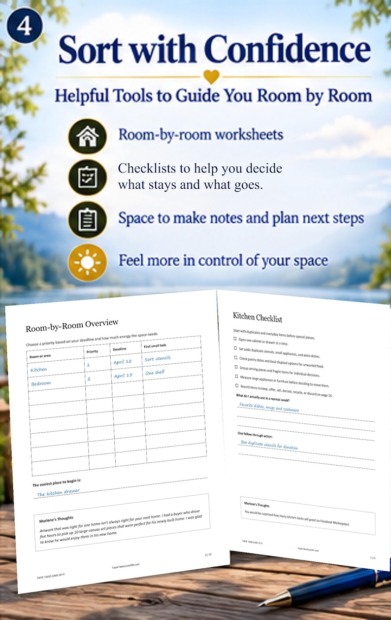May include: A document titled Sort with Confidence featuring room-by-room worksheets, checklists, and note-taking space. It includes a Room-by-Room Overview table and a Kitchen Checklist with checkboxes, lines for writing, and a section for Marlene's Thoughts.